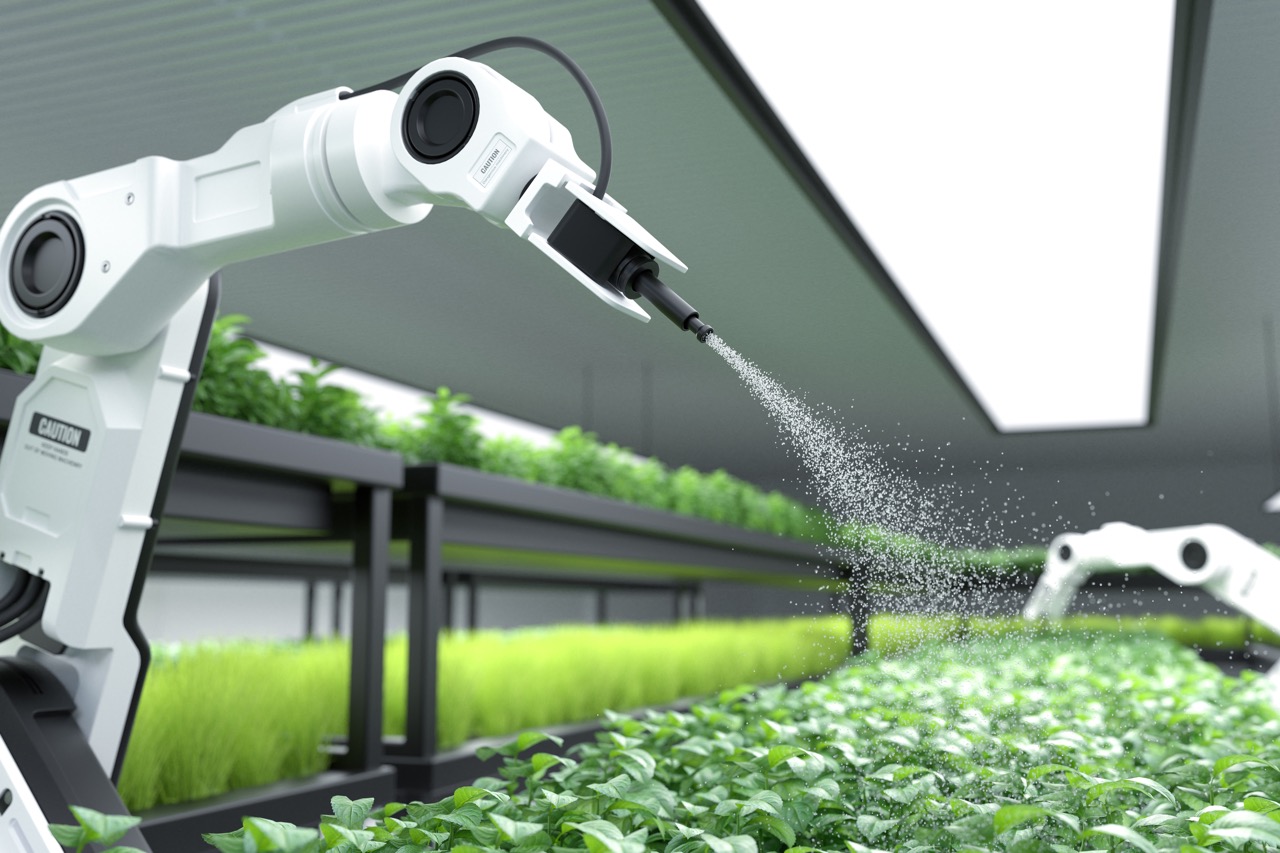 Smart robotic farmer spraying fertilizer on vegetable green plants by user6702303 https://www.magnific.com